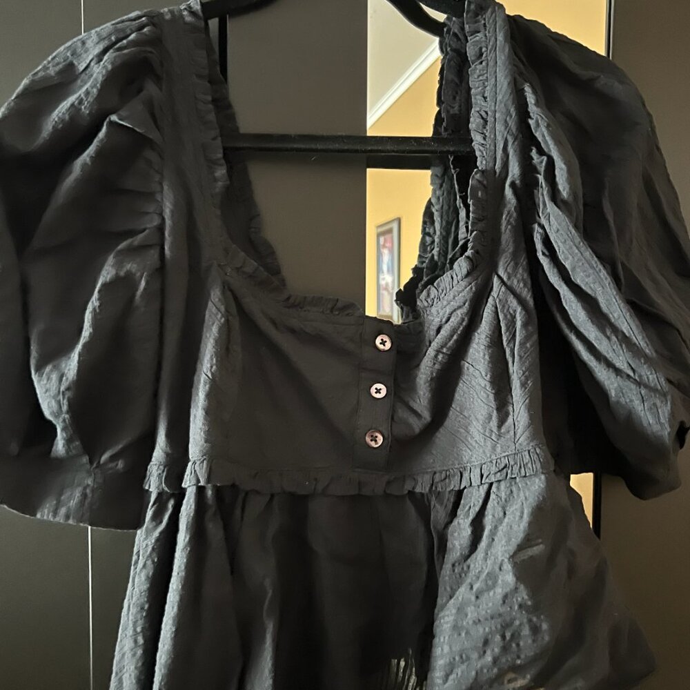 Free People Leave It To Me Top Babydoll Puff Sleeve Size Small Black - Picture 3 of 4